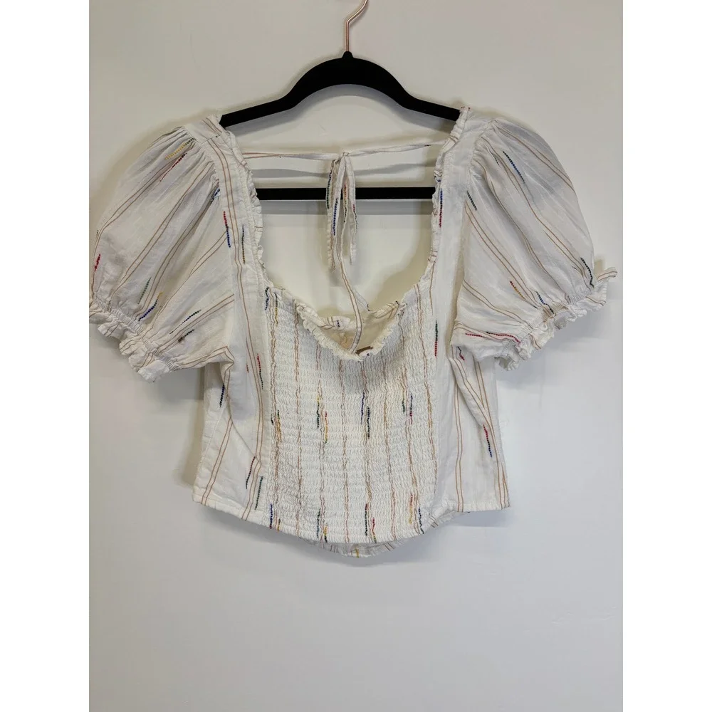 Free People White Striped Smocked Back Puff Sleeve Crop Blouse Medium boho